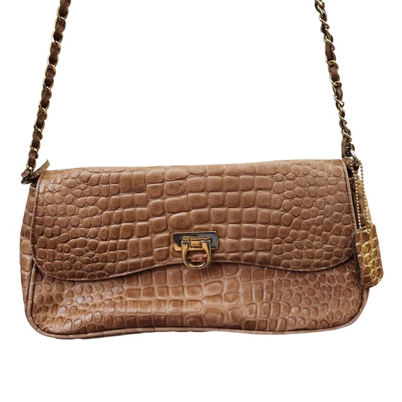 Lord & Taylor Croc Embossed leather Shoulder Bag Chain Strap Tan Purse 12"×8" - Picture 1 of 14